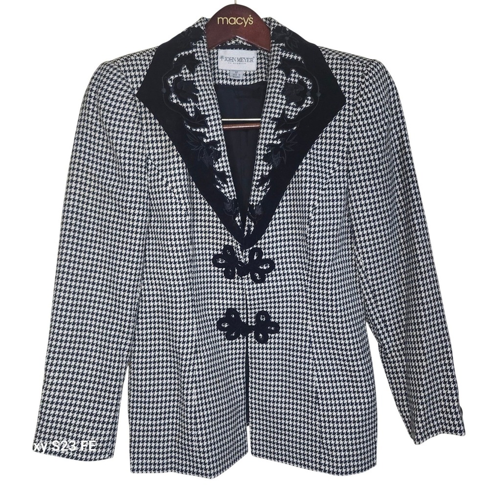 John Meyer Blazer Women 6P Black White Houndstooth Velvet Trim Embroidery Floral